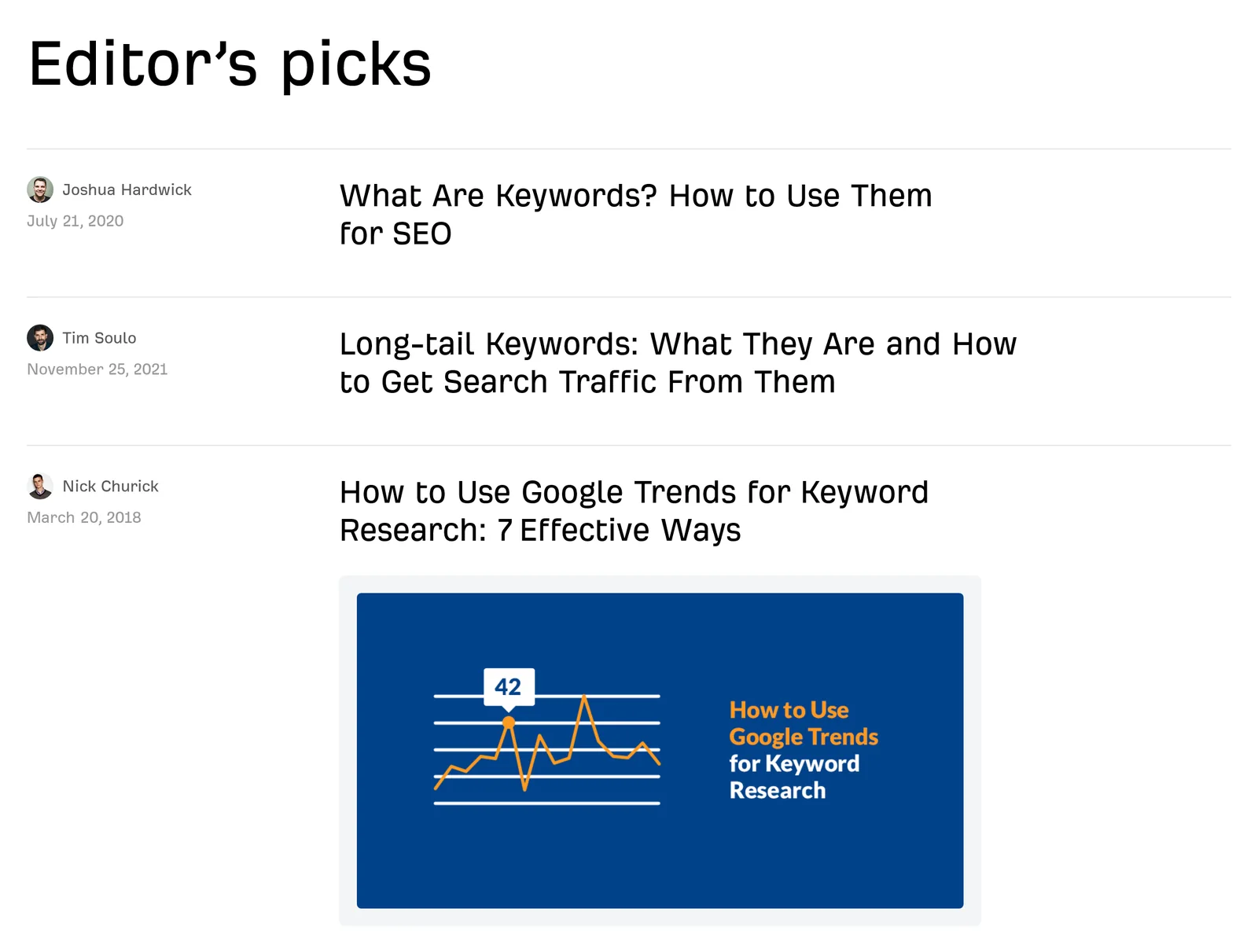 The Editor's picks block at the top of Ahrefs' keyword research category page: three hand-picked articles from 2018 to 2021, kept in a fixed spot above the date-ordered archive